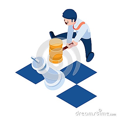 Isometric Businessman Smashing King Chess by Hammer Vector Illustration