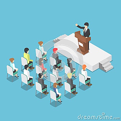 Isometric businessman speaking at a podium in a conference Vector Illustration