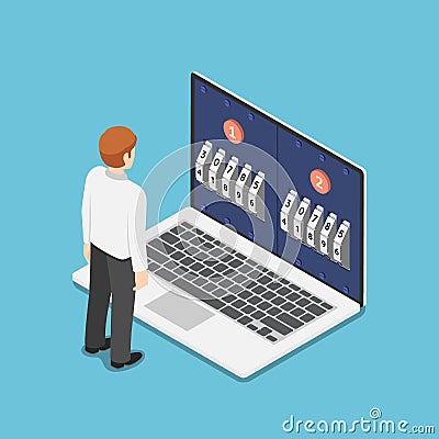 Isometric businessman standing in front of laptop with two step password verification Vector Illustration