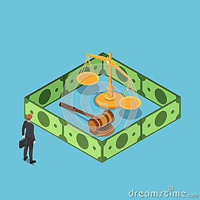 Isometric businessman standing with justice scale gavel surrounding by dollar bill wall Vector Illustration