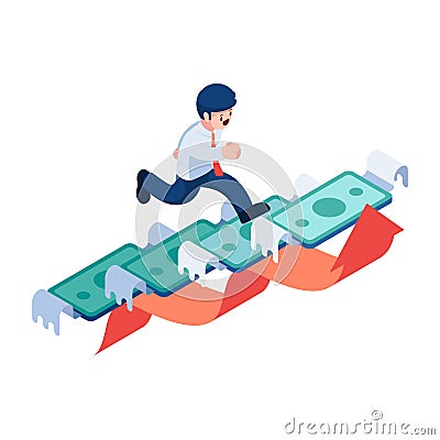 Isometric Businessman Step Up on Flying Dollar Banknote Vector Illustration