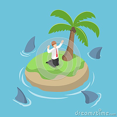 Isometric businessman stranded in an island surrounded by shark Vector Illustration