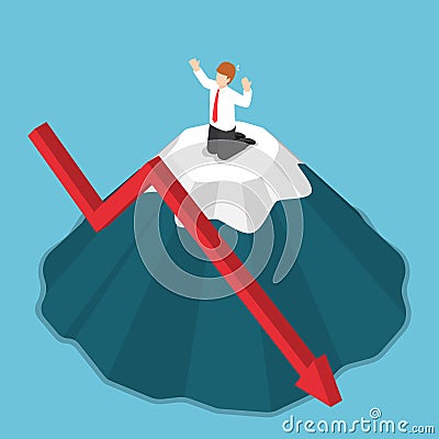 Isometric businessman stuck on the top of mountain. Vector Illustration