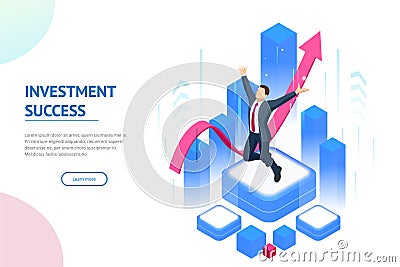 Isometric businessman success, leadership, awards, career, successful projects, goal, winning plan, leadership qualities Vector Illustration