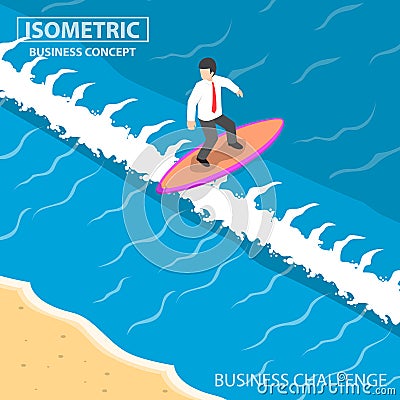 Isometric businessman surfing on the wave Vector Illustration