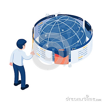 Isometric Businessman Surfing Webpage Around The World Vector Illustration