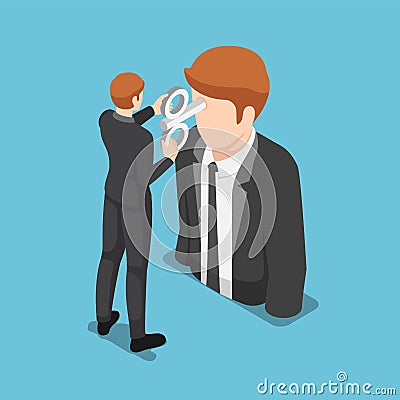 Isometric businessman turning a windup key on businessman head Vector Illustration