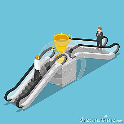 Isometric businessman use an escalator to reach winner trophy. Vector Illustration