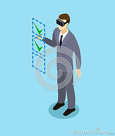 Isometric Businessman With Virtual Reality Headset Vector Illustration