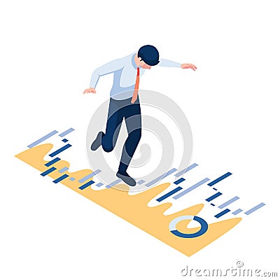 Isometric Businessman Walking and Balancing on Financial Graph Vector Illustration