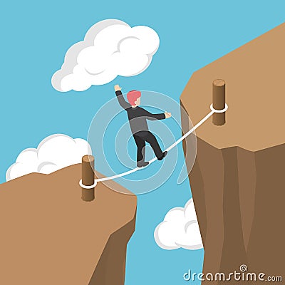 Isometric Businessman Walking and Balancing on Rope Between Cliff Gap Vector Illustration