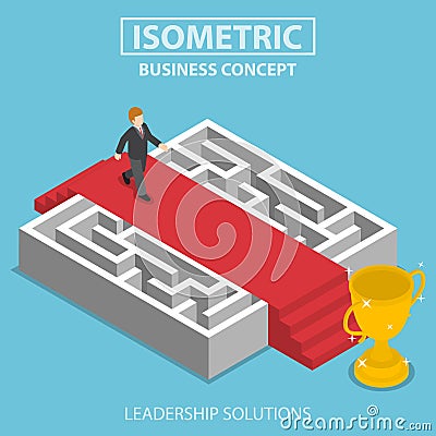 Isometric businessman walking on red carpet over the maze Vector Illustration