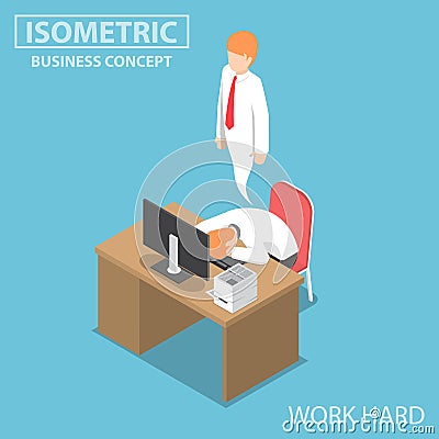 Isometric Businessman Work Hard Until Dead Vector Illustration