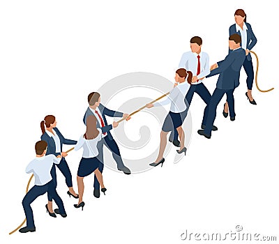 Isometric businessmen and businesswomen in suit pull the rope, competition, conflict. Tug of war and symbol of rivalry. Vector Illustration