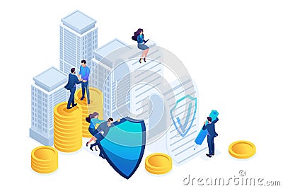 Isometric Businessmen insure their assets, investments and shares, shield. Concept for web design Vector Illustration