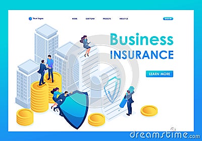 Isometric Businessmen insure their assets, investments and shares, shield. Landing page concepts and web design Vector Illustration