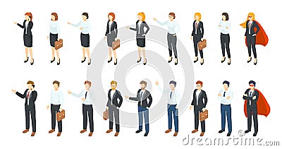 Isometric businessmen. Office employee 3D characters, different men and women standing sitting and communicating. Vector Vector Illustration