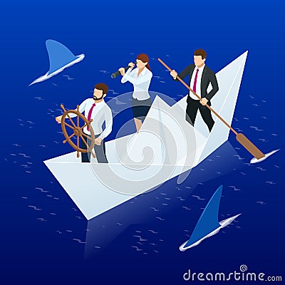 Isometric Businessmen on paper boat. Business team overcomes difficulties and risks. Visionary leading team, teamwork Vector Illustration