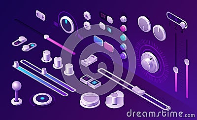 Isometric buttons, control panel app interface Vector Illustration