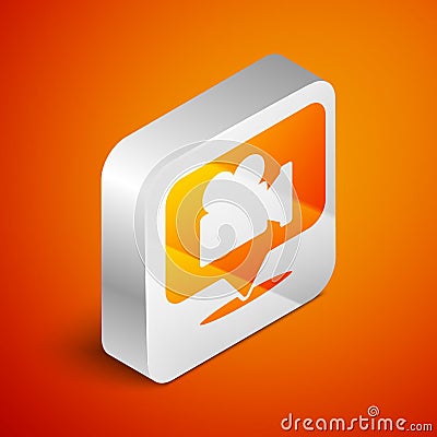 Isometric Camera and location pin icon isolated on orange background. Silver square button. Vector Vector Illustration