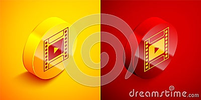 Isometric Camera vintage film roll cartridge icon isolated on orange and red background. 35mm film canister. Filmstrip Stock Photo