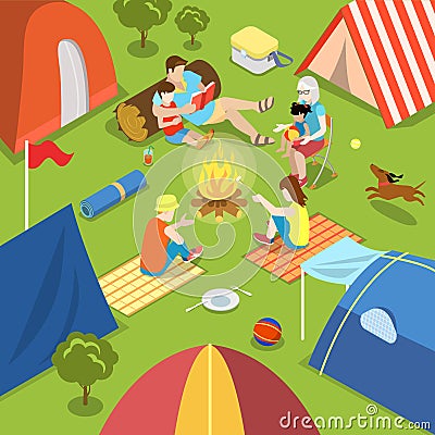 Isometric camping bonfire picnic family lifestyle Vector Illustration