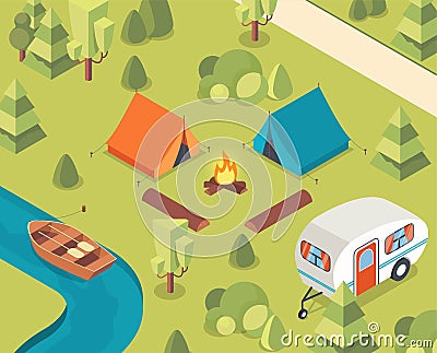 Isometric camping concept Vector Illustration