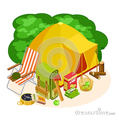 Isometric camping equipment vector set isolated on white background Vector Illustration