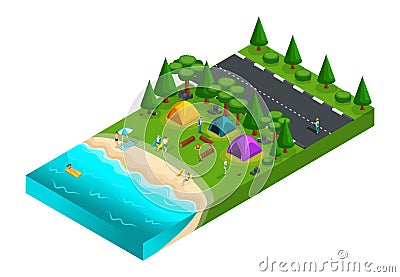 Isometric of camping, friends on vacation, fresh air, picnic, on the nature, forest, sea, beach, shore of the lake, highway, camp Vector Illustration