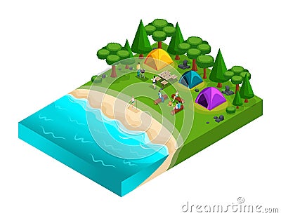 Isometric of camping, friends on vacation, fresh air, picnic, on the nature, forest, sea, beach, shore of the lake, river bank, ca Vector Illustration