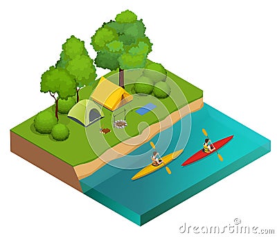 Isometric Camping on the river bank. Tents, bonfire and kayaking on the river. Vacation and holiday concept. Vector Illustration