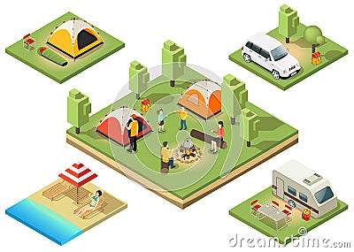 Isometric Camping Territory Composition Vector Illustration