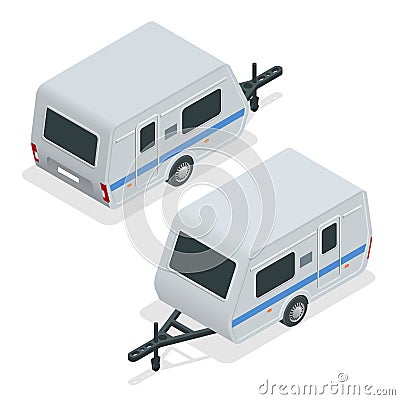 Isometric Camping trailer on road. Travel concept. Recreational vehicles. Vector Illustration