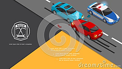 Isometric Car Accident Composition Vector Illustration