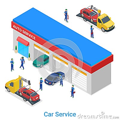 Isometric Car Auto Vehicle Service Station Garage with tow truck evacuator flat vector illustration Vector Illustration