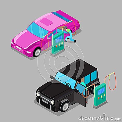 Isometric Car Cleaner Station. Driver Cleaning Car Vector Illustration