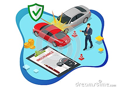 Isometric Car Insurance services. Auto insurance policy with cash and key fob. Protection from danger, providing Vector Illustration