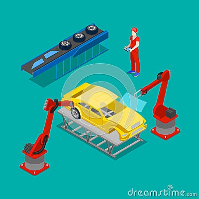 Isometric Car Production. Assembly Line in Factory Vector Illustration