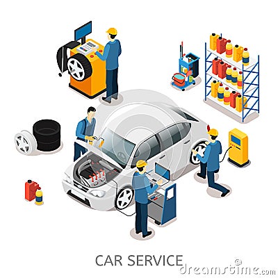 Isometric Car Repair Center Concept Vector Illustration