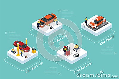 Isometric car repair maintenance autoservice center garage and car service concept. Technicians replace vehicle part Vector Illustration