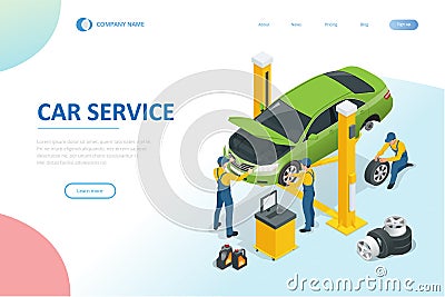 Isometric car repair maintenance autoservice center garage and car service concept. Technicians replace vehicle part Vector Illustration