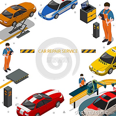 Isometric Car Repair Service Template Vector Illustration