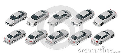 Isometric Car Sedan. Automobile set. Urban transport. Silver sedan car on white background Stock Photo