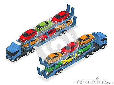 Isometric Car transport truck on the road with different types of cars flat vector illustration. The trailer transports Vector Illustration