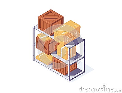 Isometric cardboard and wooden boxes on warehouse stand for delivery and storage concept. Vector Illustration