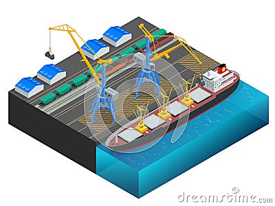 Isometric Cargo containers transshipped between transport vehicles for onward transportation Port warehouse and shipment Vector Illustration