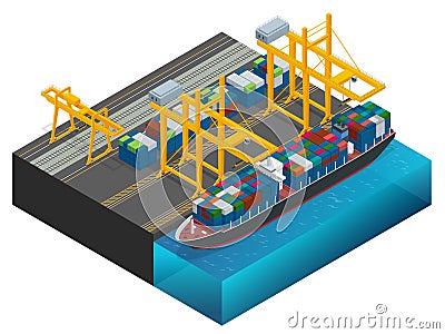 Isometric Cargo containers transshipped between transport vehicles for onward transportation Port warehouse and shipment Vector Illustration