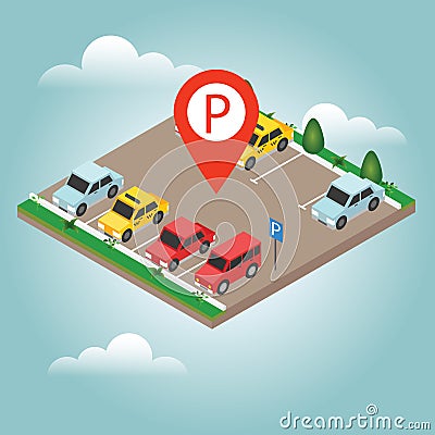 Isometric cars in the car parking. Parking Sign. City parking vector web banner isometric flat vector style. Flat 3d Vector Illustration