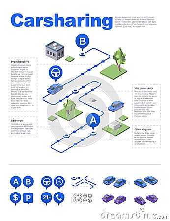 Isometric carsharing service vector illustration 3d of car sharing or carpool location and route direction navigation Vector Illustration