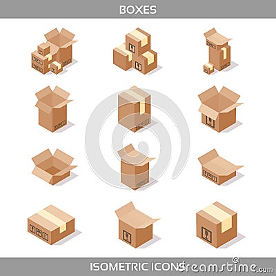 Isometric carton packaging boxes set in isometric style with postal signs this side up fragile Vector Illustration